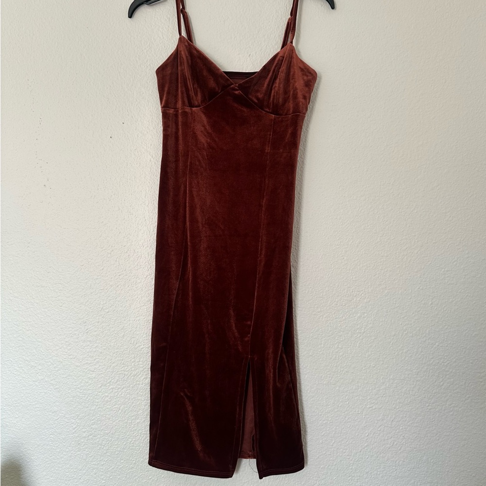 Reddish Brown Velvet Dress bodycon slit mini triangle - Picture 2 of 4